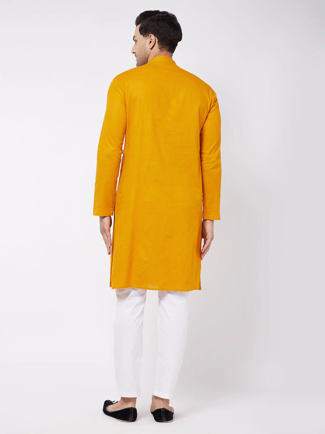 Men's Mustard And White Solid Cotton Blend Kurta With Cotton Pant Set - Image 3