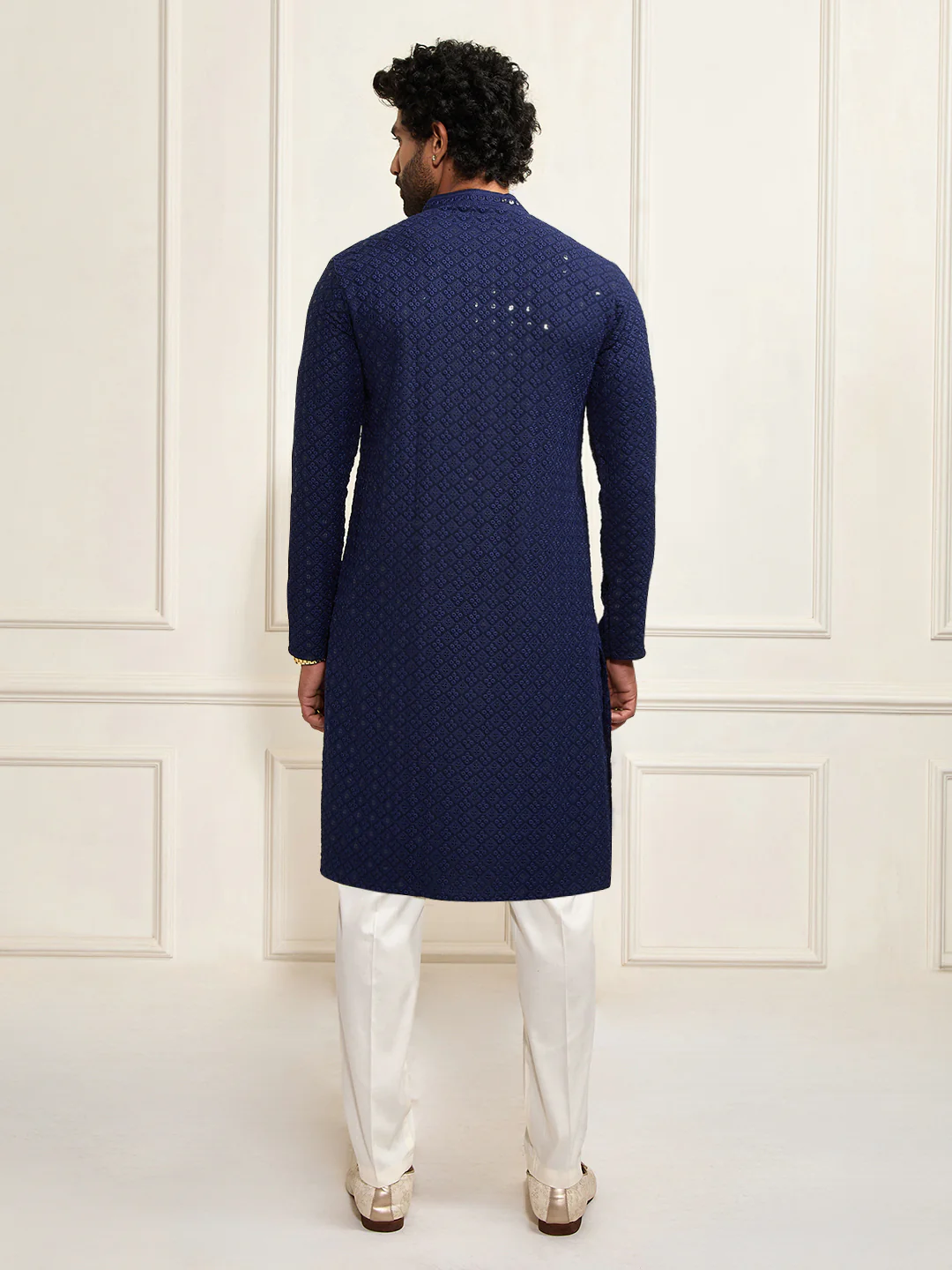 Men's Navy Blue And White Rayon Cotton Kurta Pyjama Set - Image 4