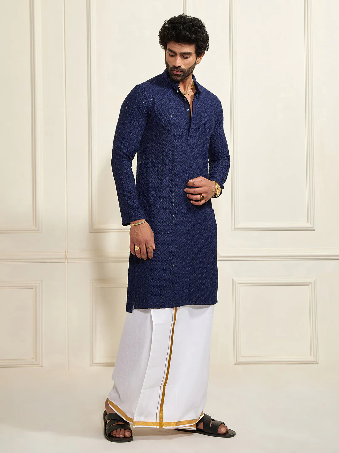 Men's Navy Blue Rayon Cotton Kurta - Image 4