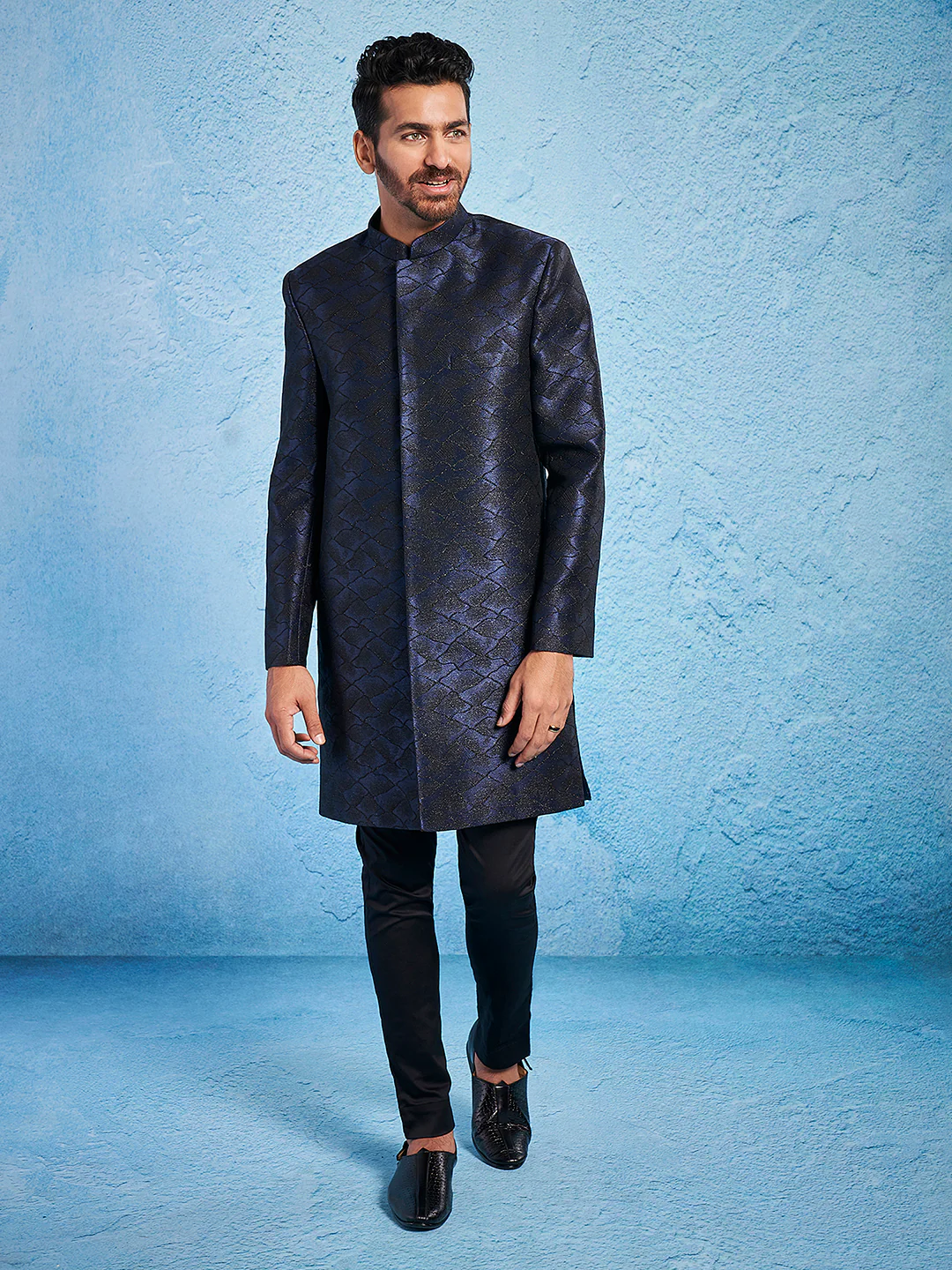 Men's Navy Blue Silk Blend Sherwani Set - Image 2