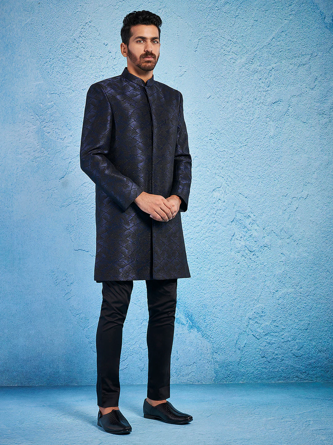Men's Navy Blue Silk Blend Sherwani Set - Image 4