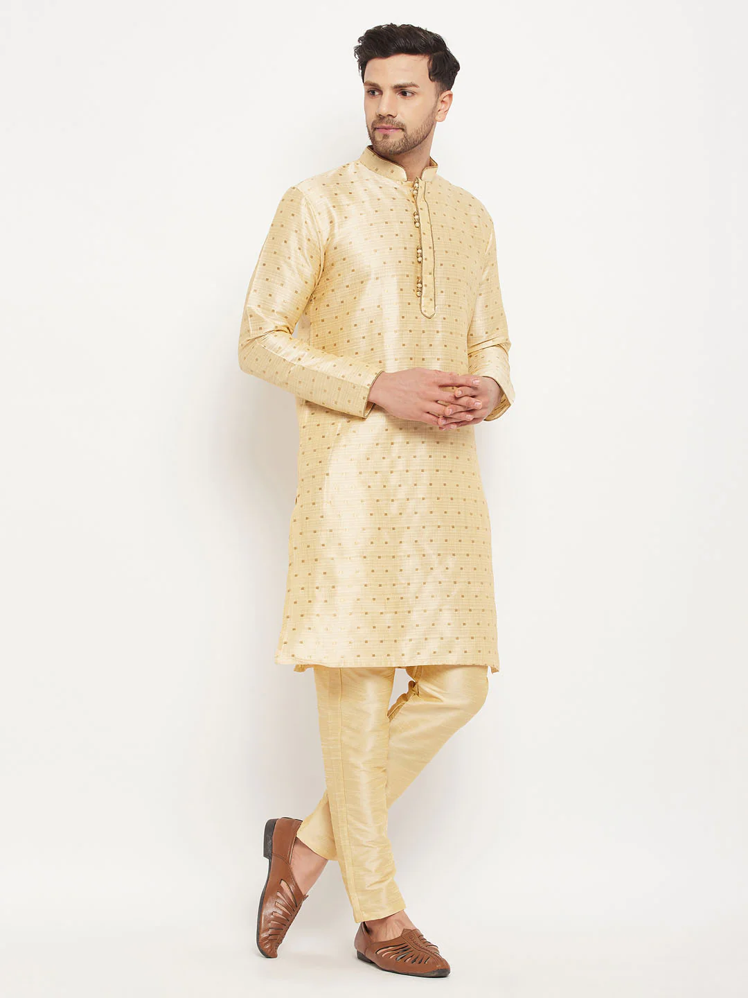 Men's Gold Zari Weaved Kurta And Pant Set - Image 2