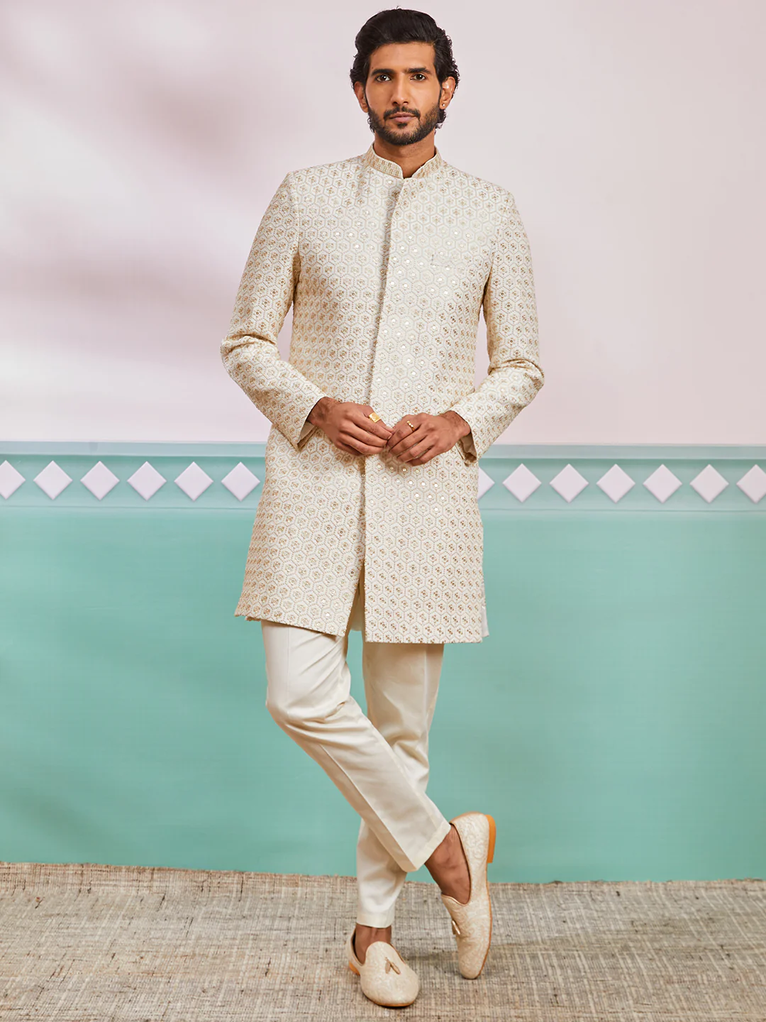 Men's Off White Rayon Indo Western And Pyjama Set - Image 2