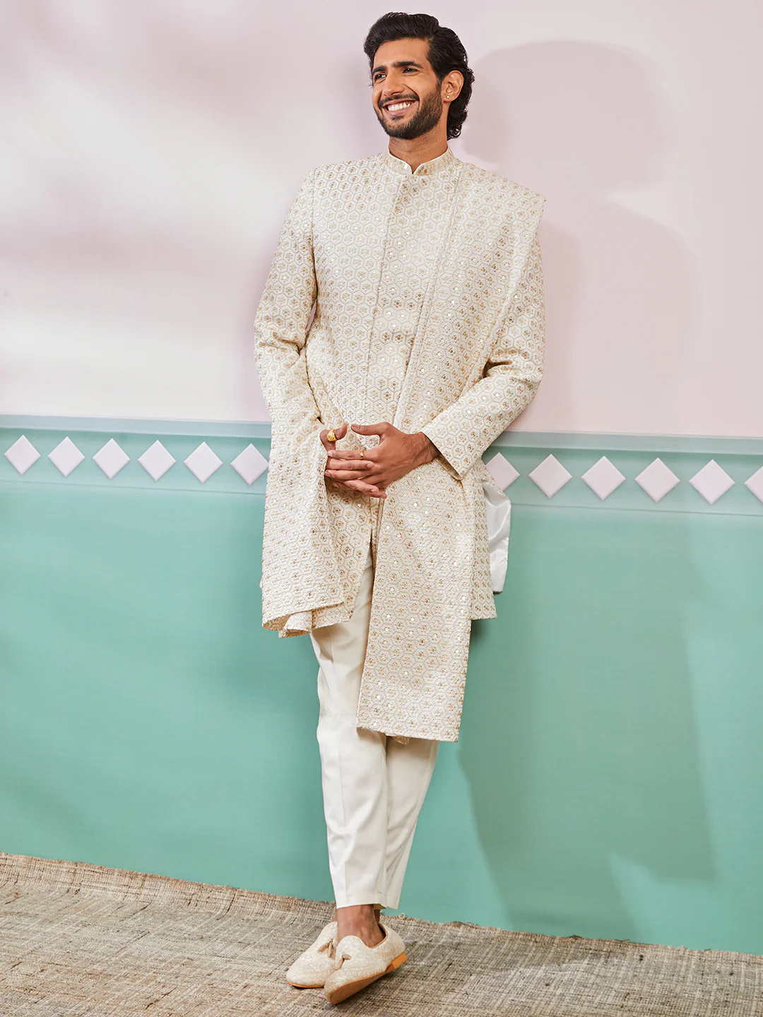 Men's Off White Rayon Indo Western,Pyjama And Dupatta Set