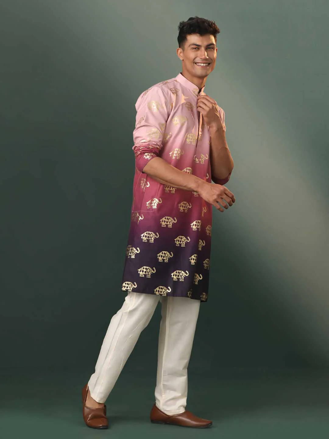 Men's Ombre Elephant Motif Print Cotton Blend Kurta Pyjama Set - Image 7