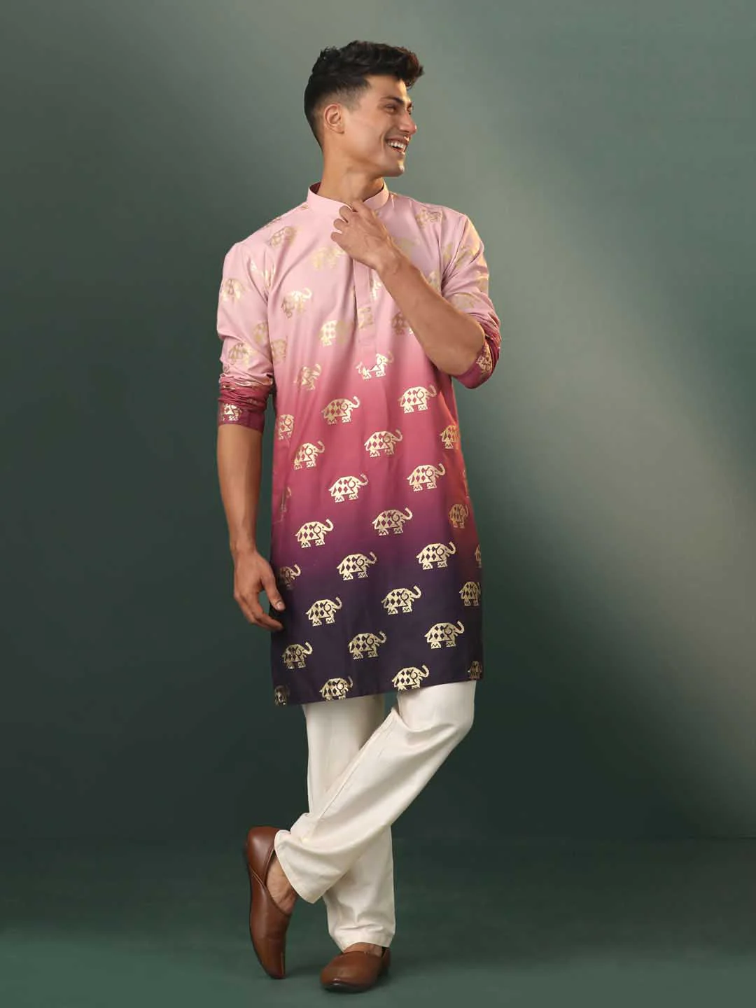Men's Ombre Elephant Motif Print Cotton Blend Kurta Pyjama Set - Image 8