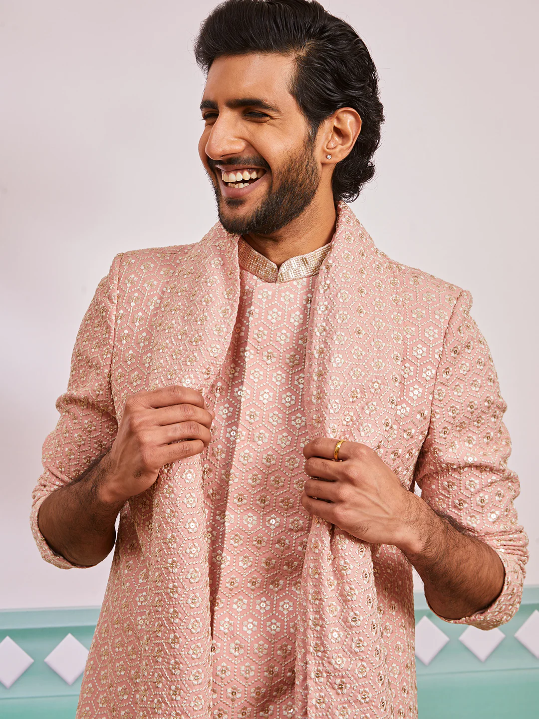 Men's Peach Rayon Indo Western, Pyjama And Dupatta Set - Image 3