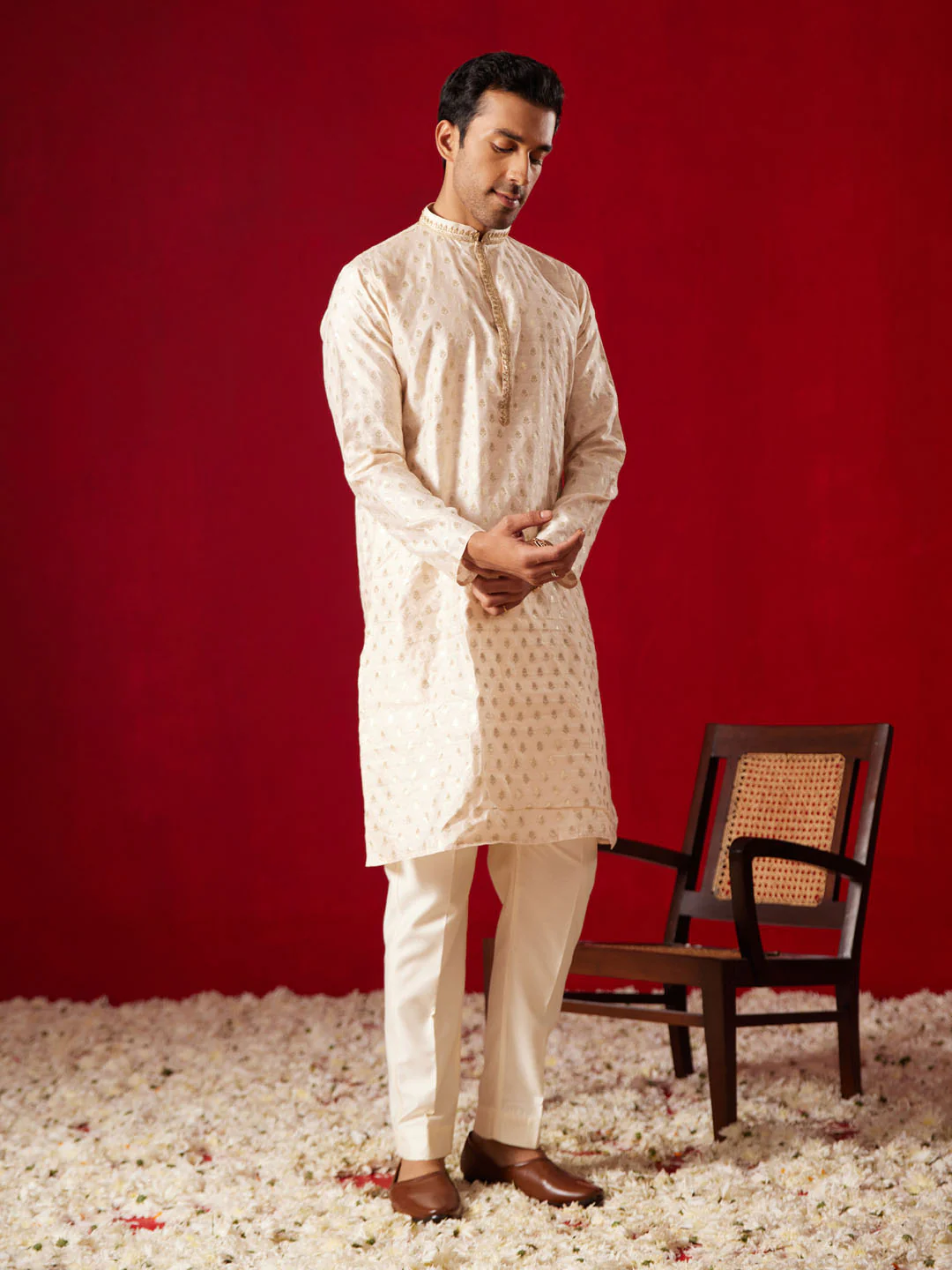 Men's Peach Silk Blend Jacquard Kurta With Pant Set - Image 7