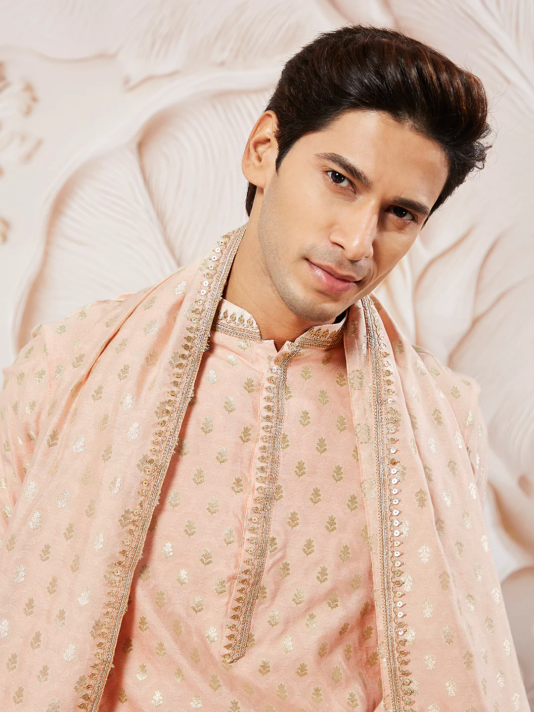 Men's Peach Silk Blend Jacquard Kurta - Image 3