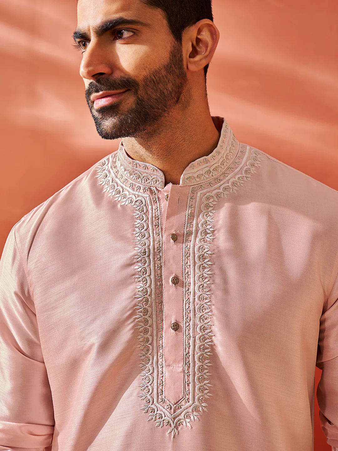 Men's Peach Silk Blend Kurta And Pyjama Set. - Image 5