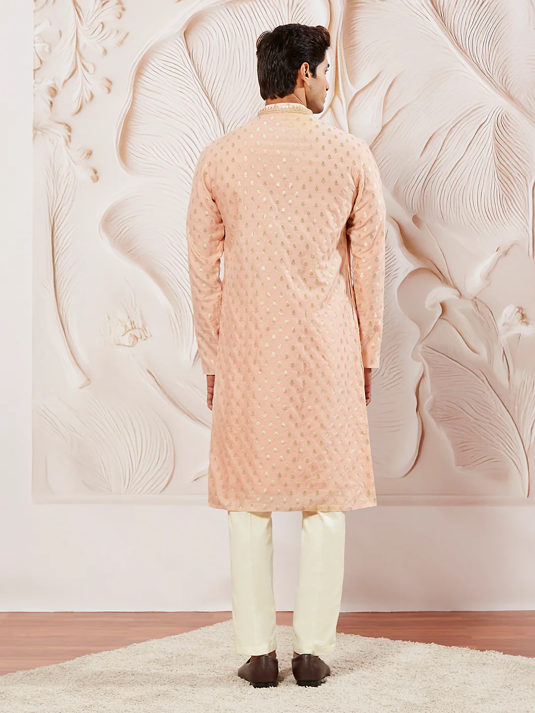 Men's Peach Silk Blend Kurta Pyjama Set - Image 5