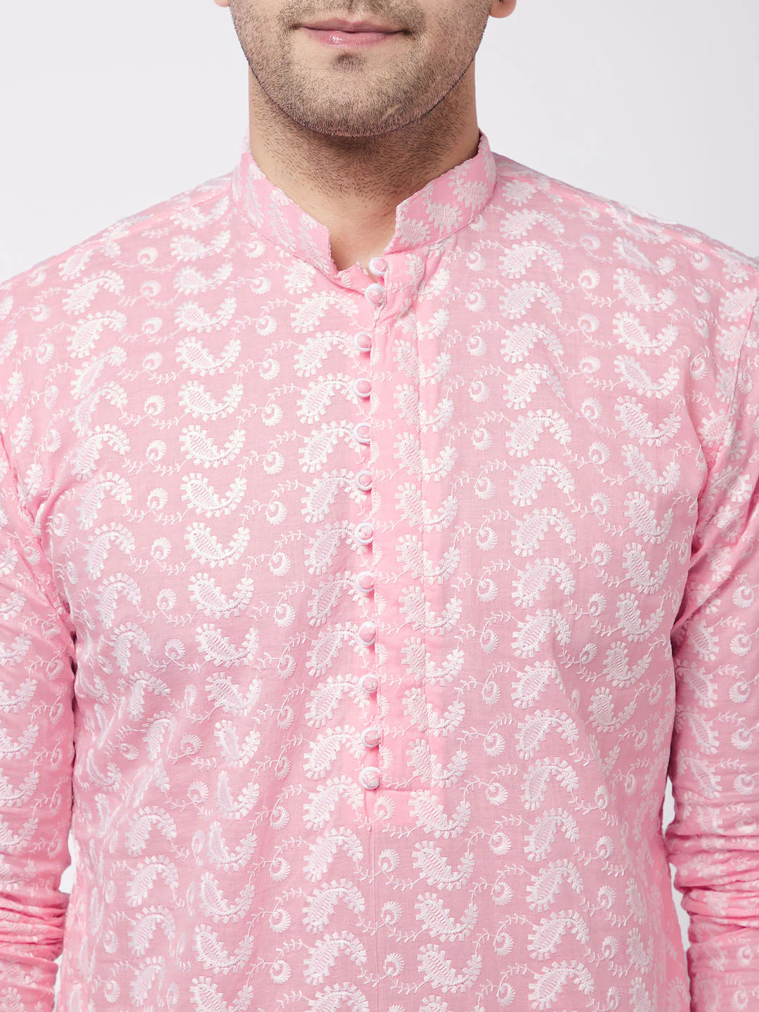 Men's Pink Pure Cotton Chikankari Kurta With Pant Set - Image 4