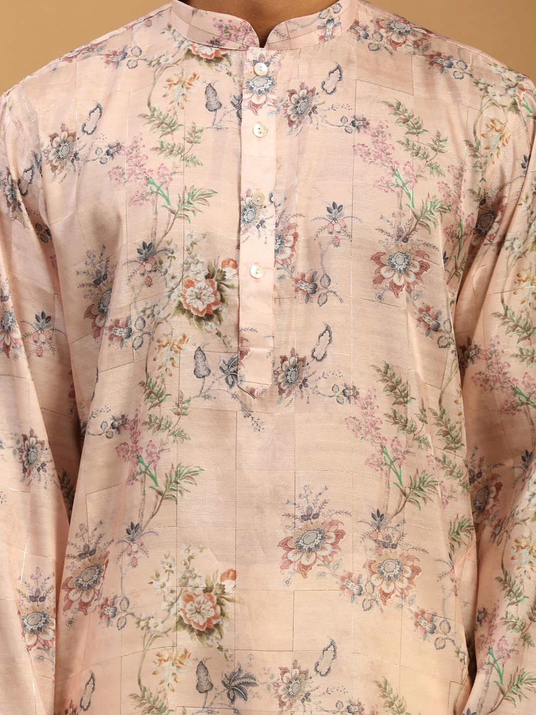 Men's Pink Floral Printed Silk Blend Kurta With Cream Solid Viscose Pant Set - Image 4