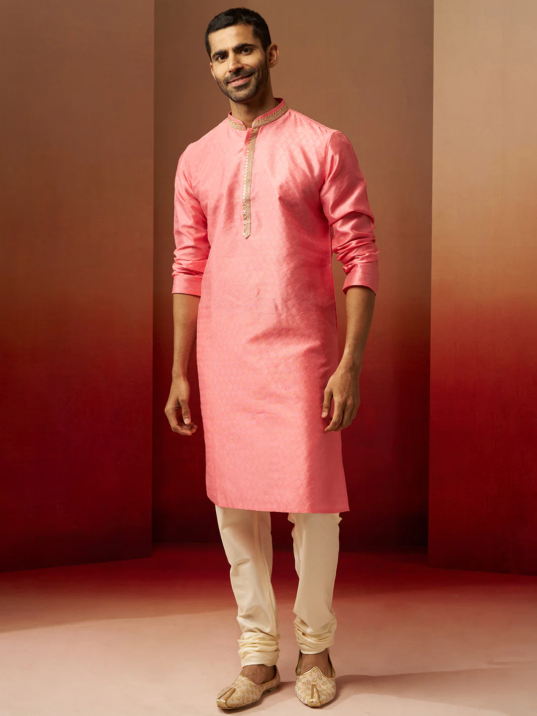 Men's Pink Jacquard Kurta with Cream Churidar Set - Image 3
