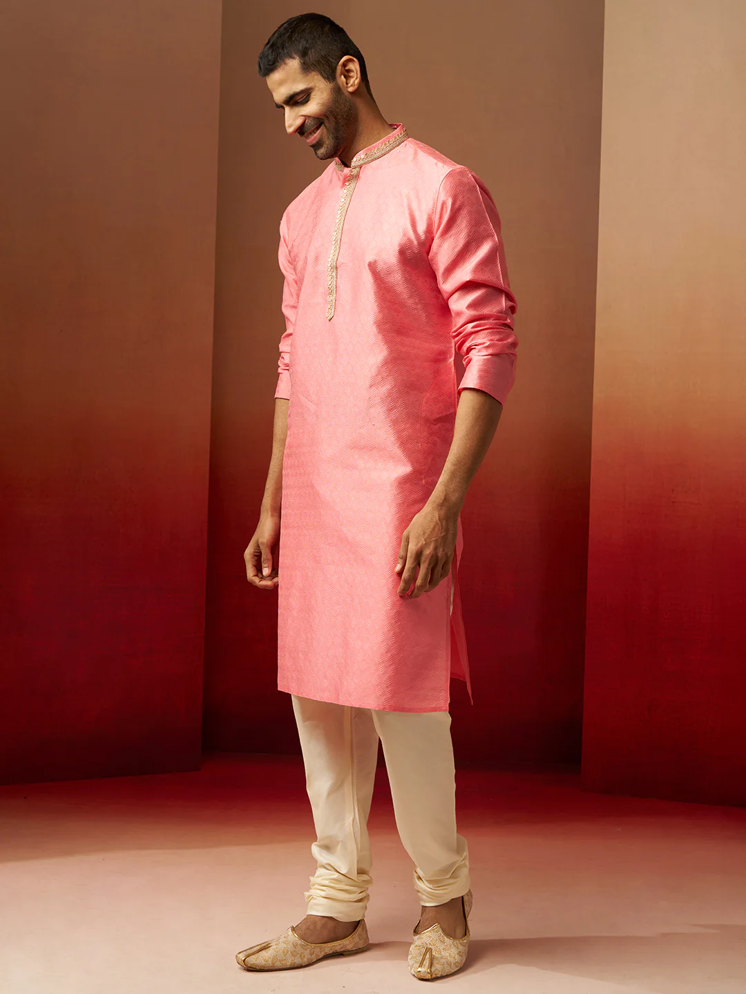 Men's Pink Jacquard Kurta with Cream Churidar Set - Image 4