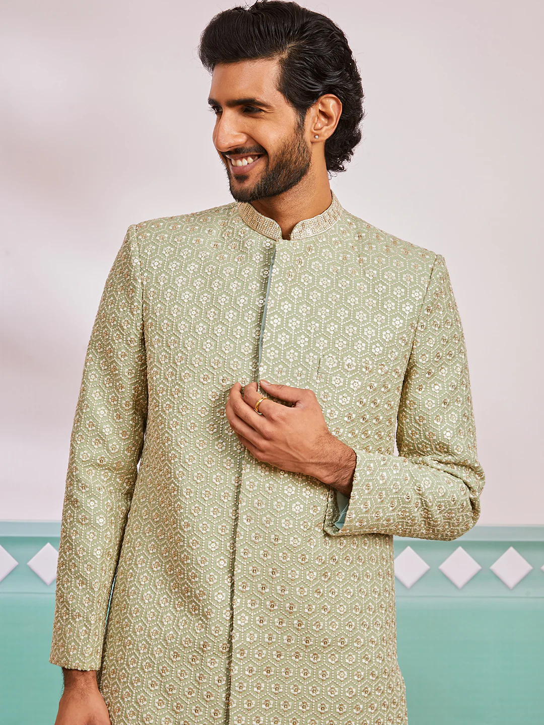 Men's Pista Green Rayon Indo Western And Pyjama Set - Image 3