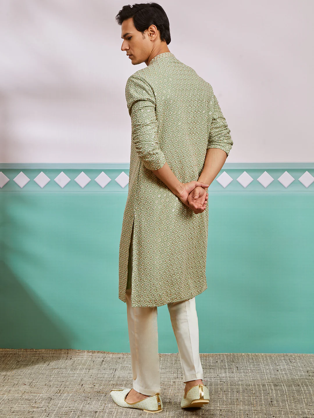 Men's Pista Green Rayon Kurta And Pyjama Set - Image 5