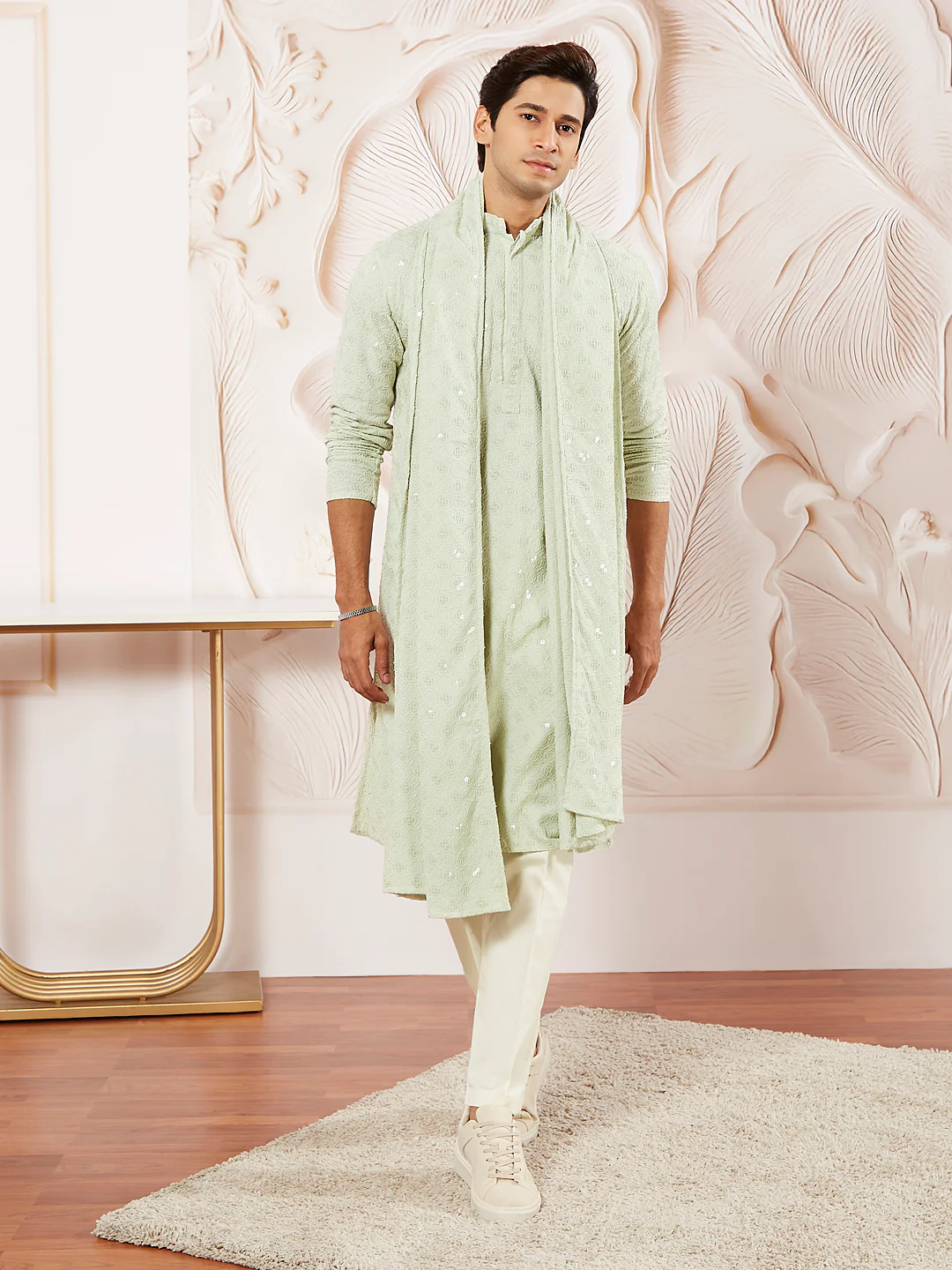 Men's Pista Green Rayon Kurta Pyjama And Dupatta Set - Image 2