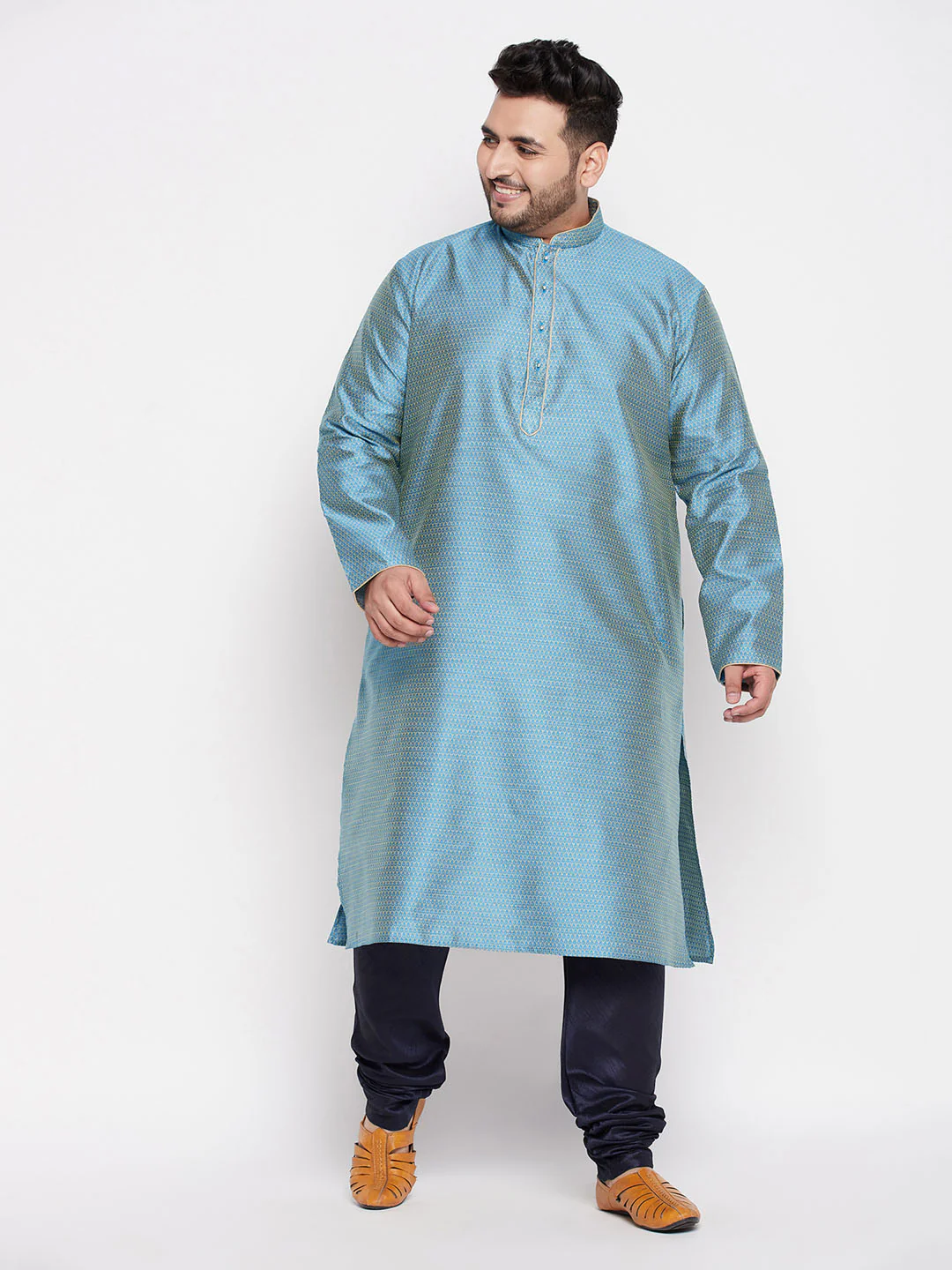 Men's Plus Size Aqua Blue Woven Kurta And Navy Blue Pyjama Set - Image 7