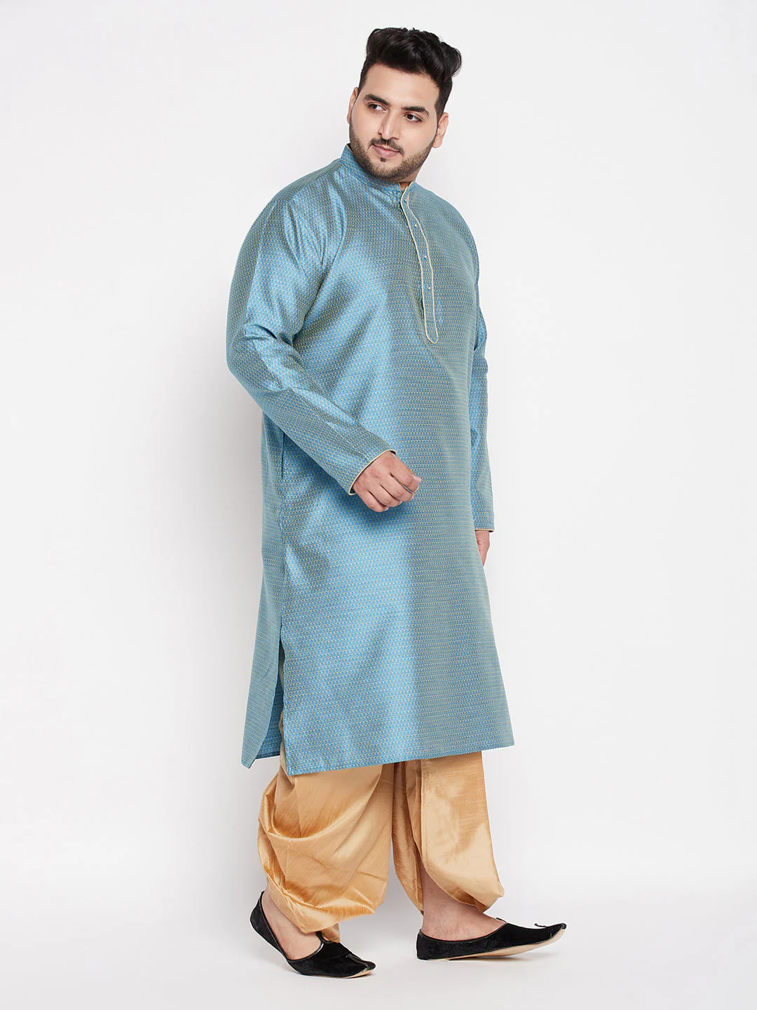 Men's Plus Size Aqua Blue Woven Kurta And Rose Gold Dhoti Set - Image 6