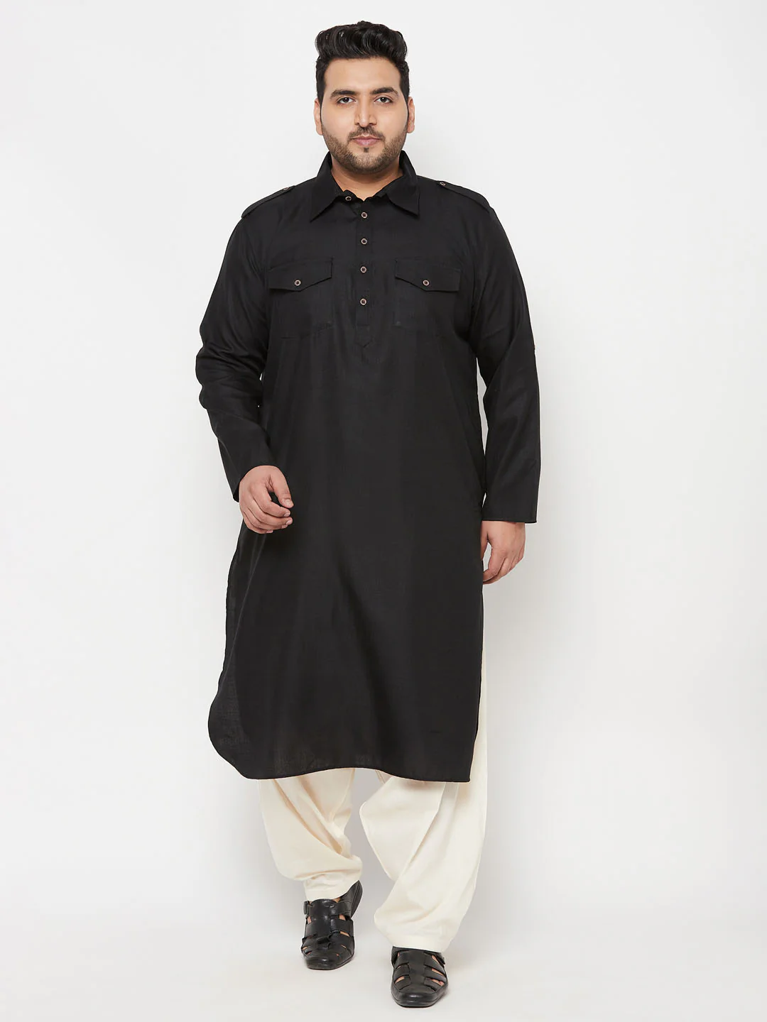 Men's Plus Size Black Cotton Blend Pathani Kurta - Image 5