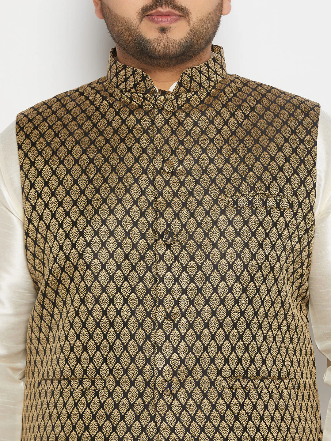 Men's Plus Size Black Ethnic Jacket With Cream Silk Blend Kurta And Pant Style Pyjama Set - Image 4