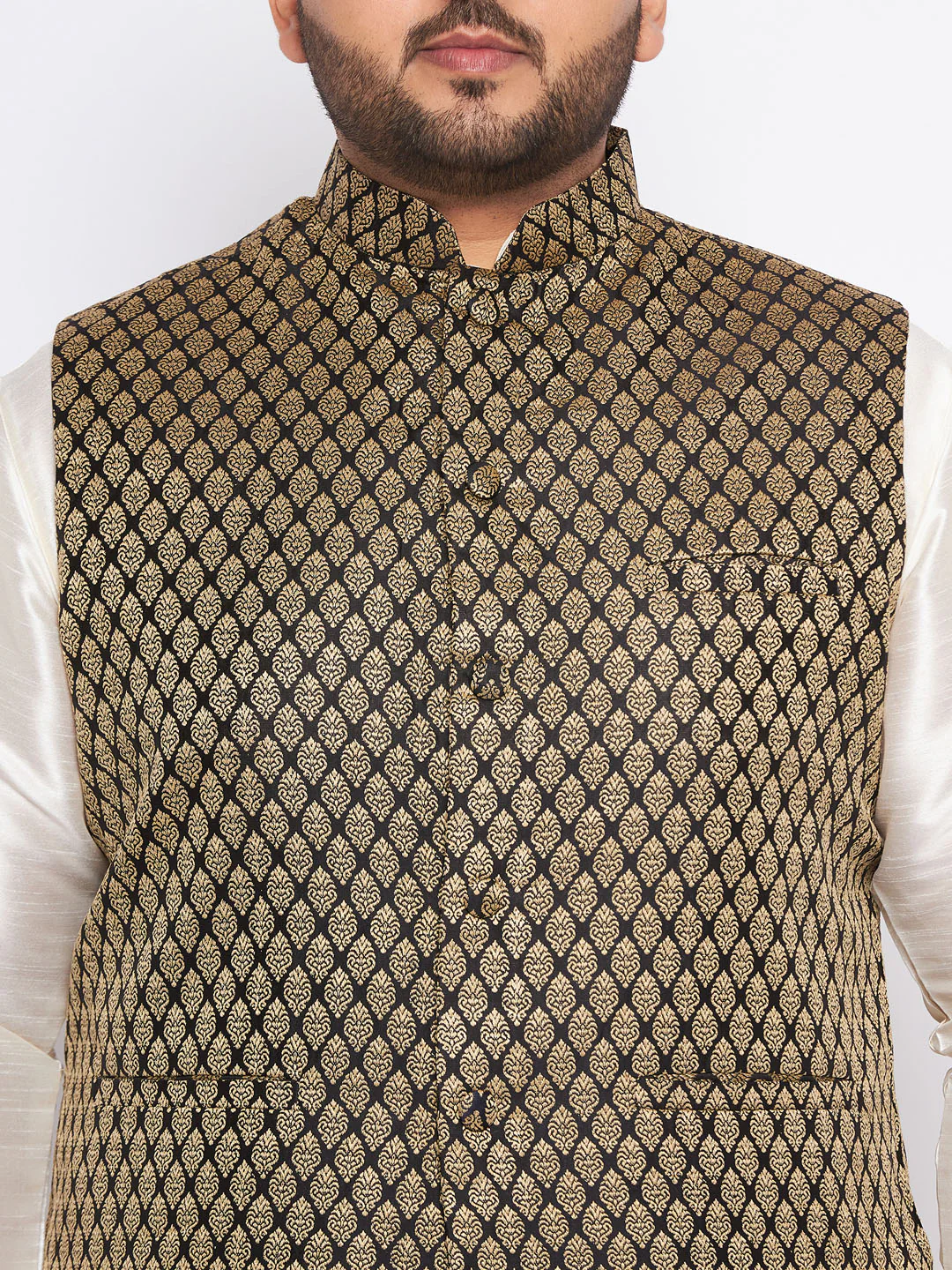 Men's Plus Size Black Ethnic Jacket With Cream Silk Blend Kurta And Pyjama Set - Image 4