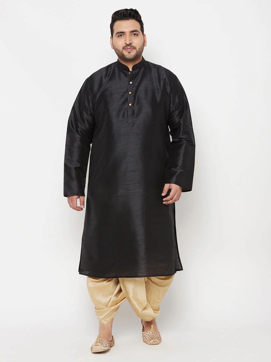 Men's Plus Size Black Silk Blend Kurta And Gold Dhoti Set - Image 7