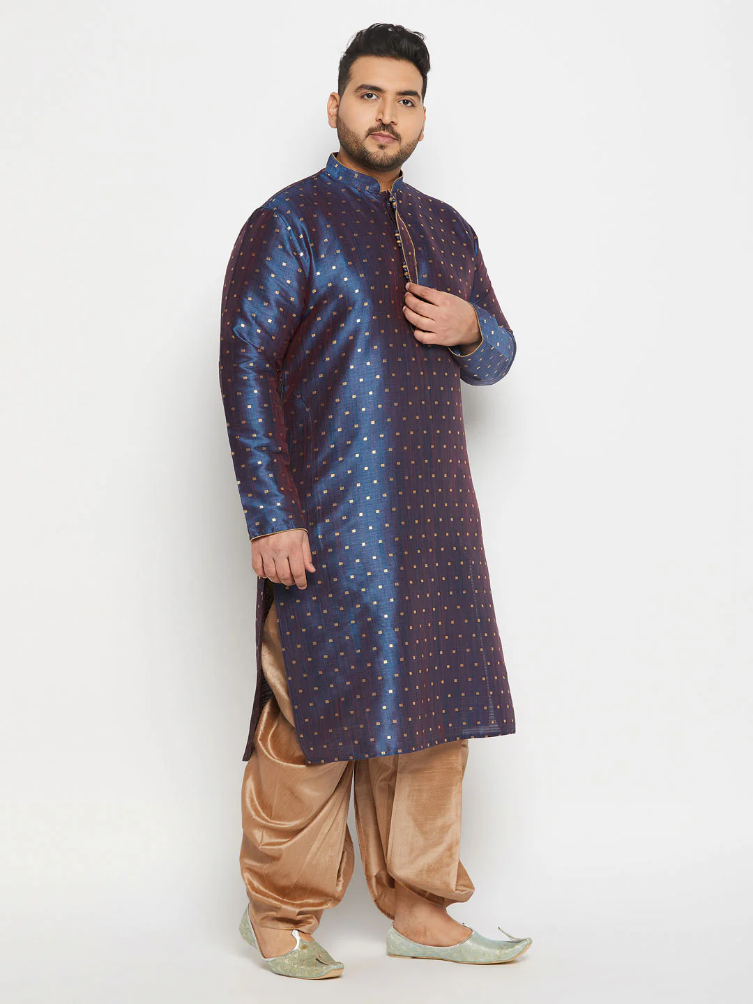 Men's Plus Size Navy Blue Zari Weaved Kurta Dhoti Set - Image 2