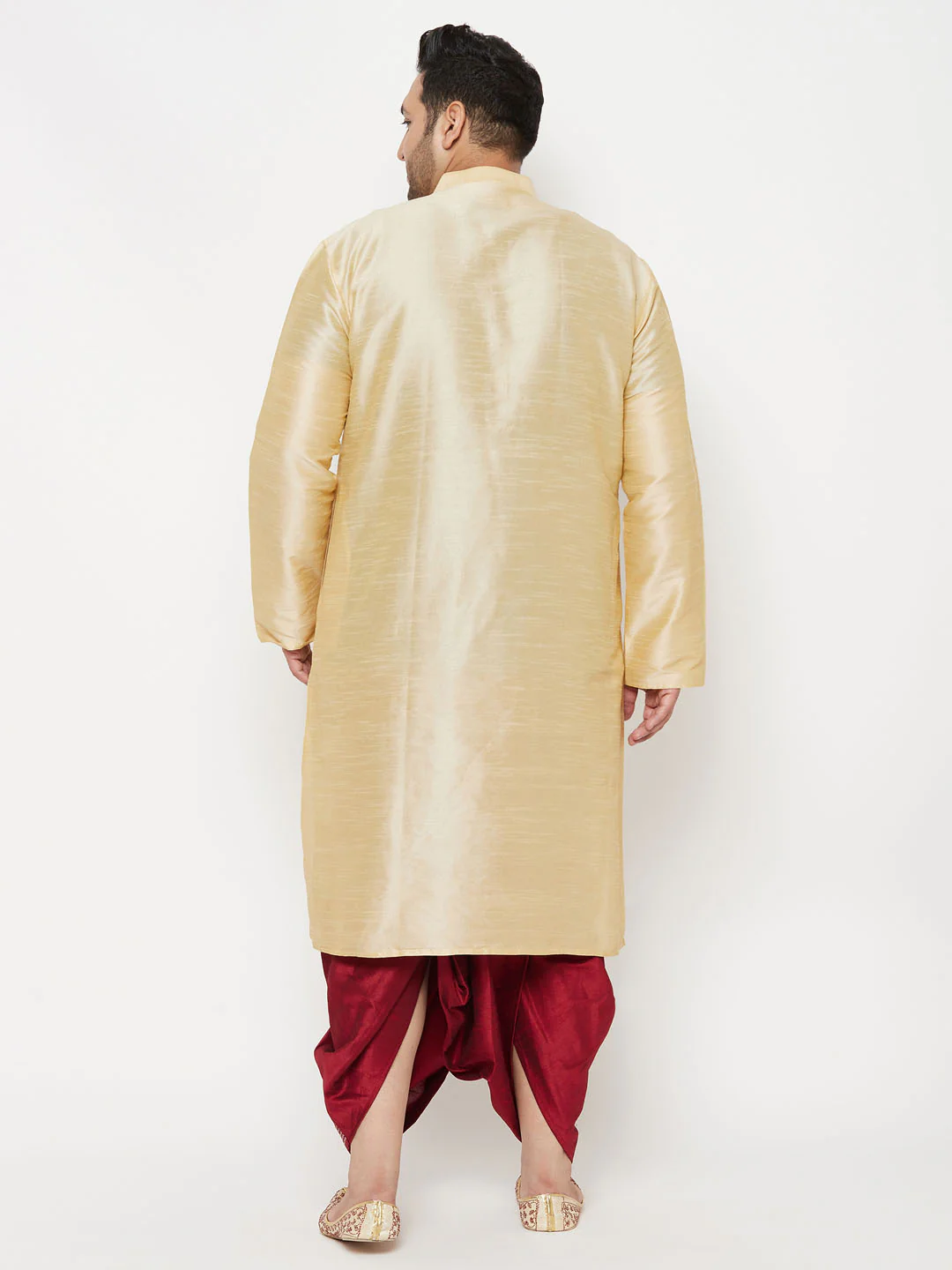 Men's Plus Size Gold Silk Blend Kurta And Maroon Dhoti Set - Image 3