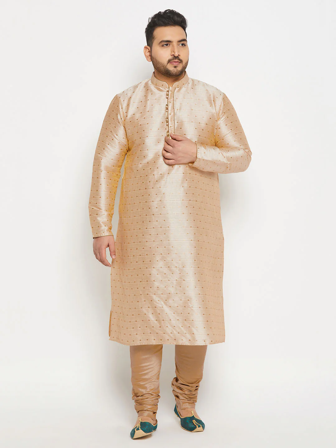 Men's Plus Size Gold Zari Weaved Kurta Pyjama Set - Image 6