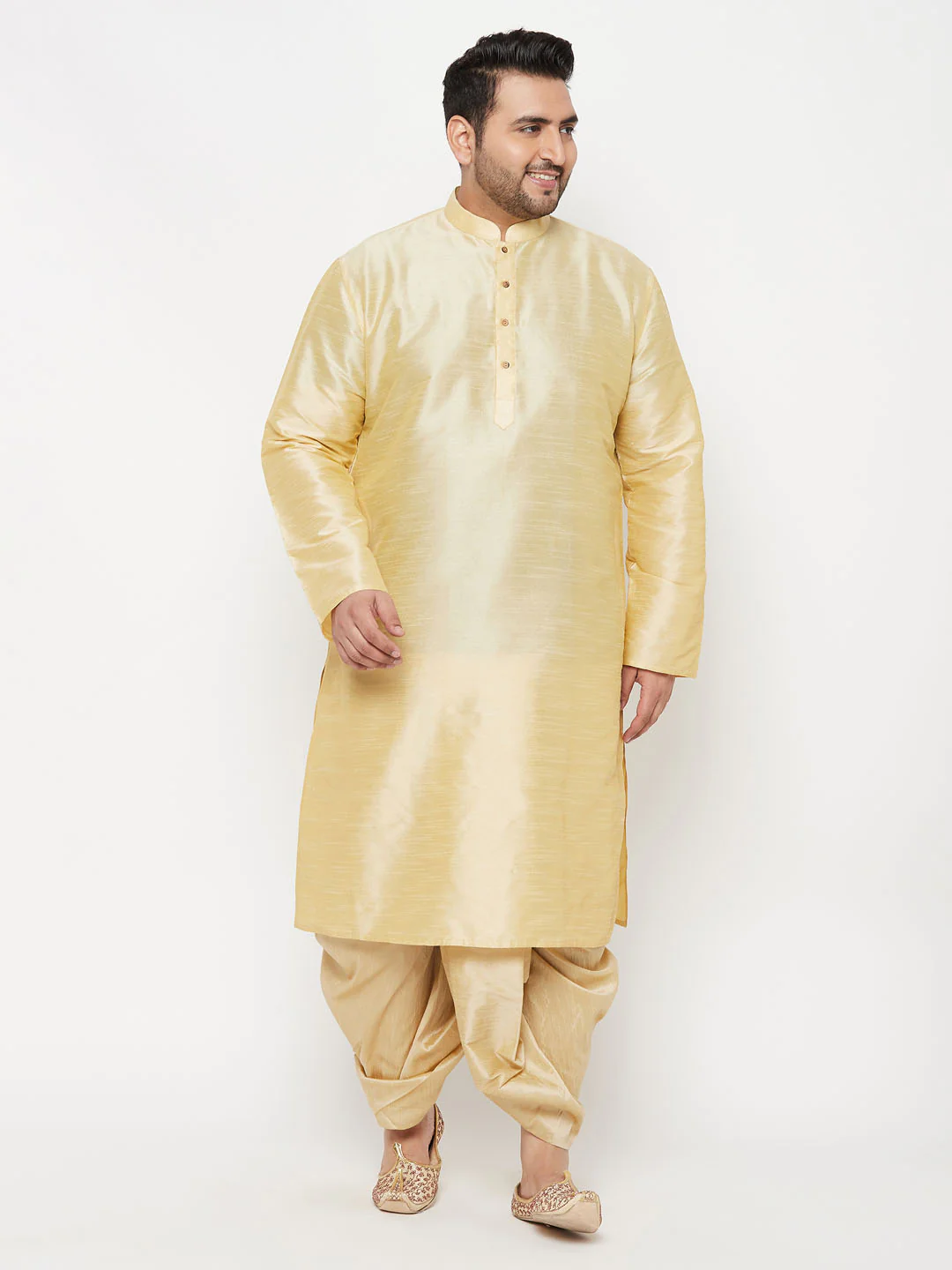 Men's Plus Size Gold Silk Blend Kurta And Gold Dhoti Set - Image 7