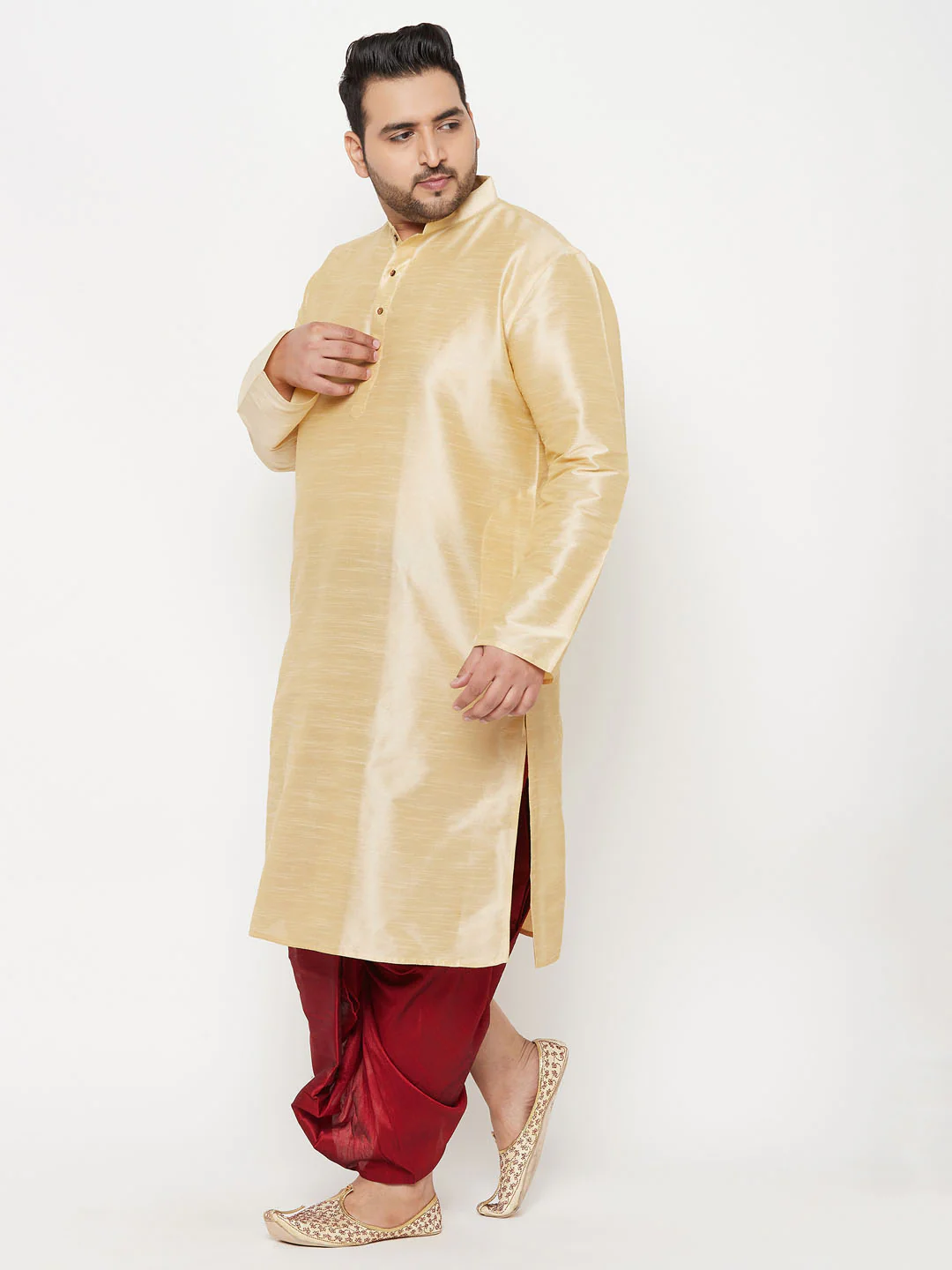 Men's Plus Size Gold Silk Blend Kurta And Maroon Solid Dhoti Set - Image 2
