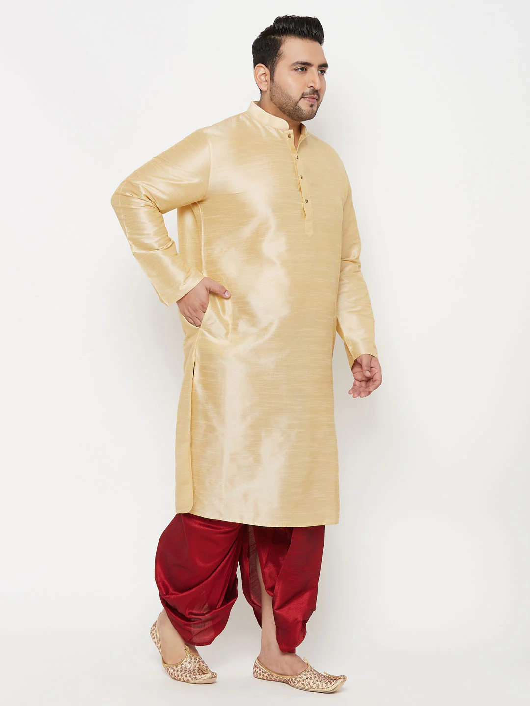 Men's Plus Size Gold Silk Blend Kurta And Maroon Solid Dhoti Set - Image 6