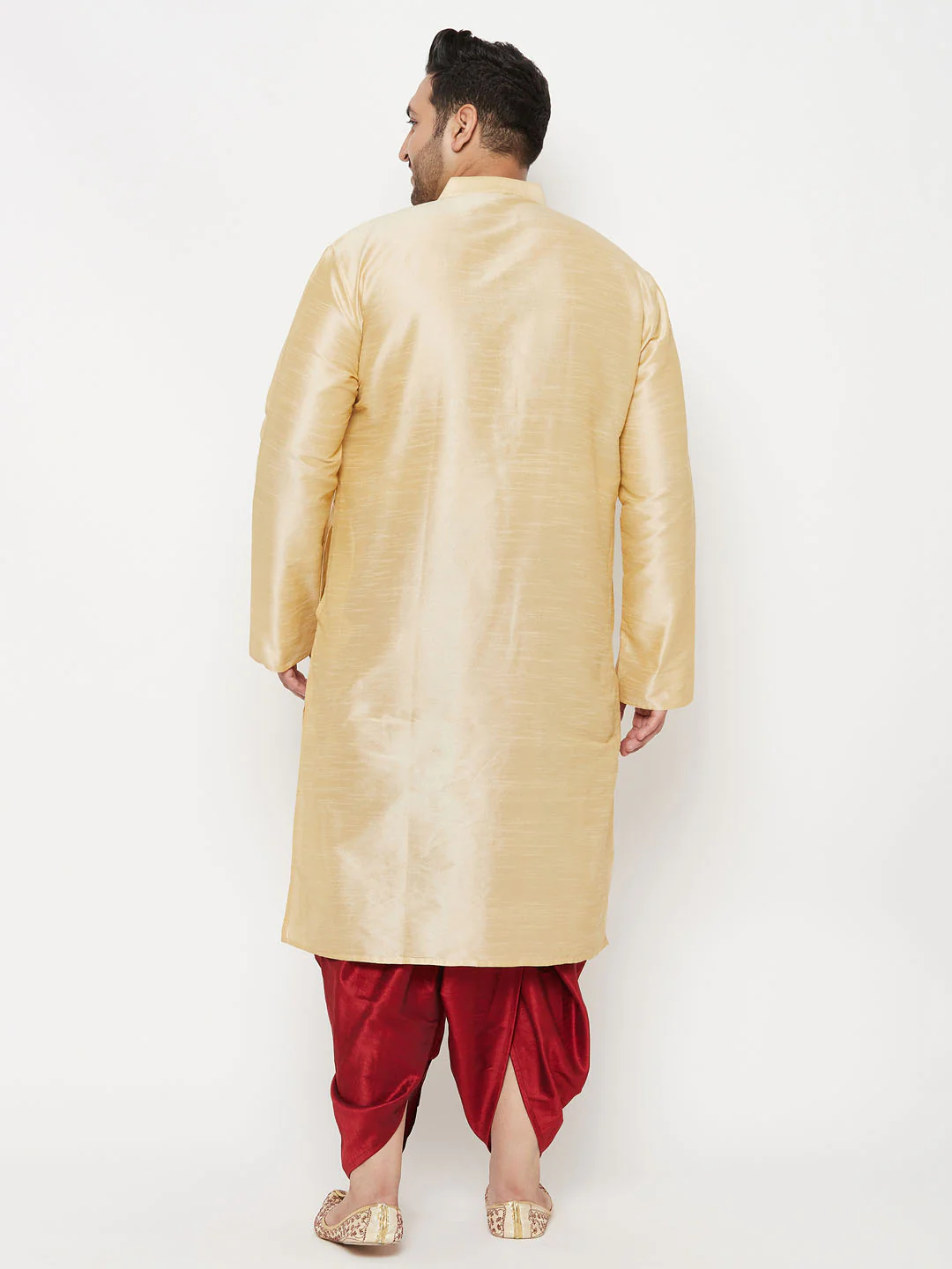 Men's Plus Size Gold Silk Blend Kurta And Maroon Solid Dhoti Set - Image 7