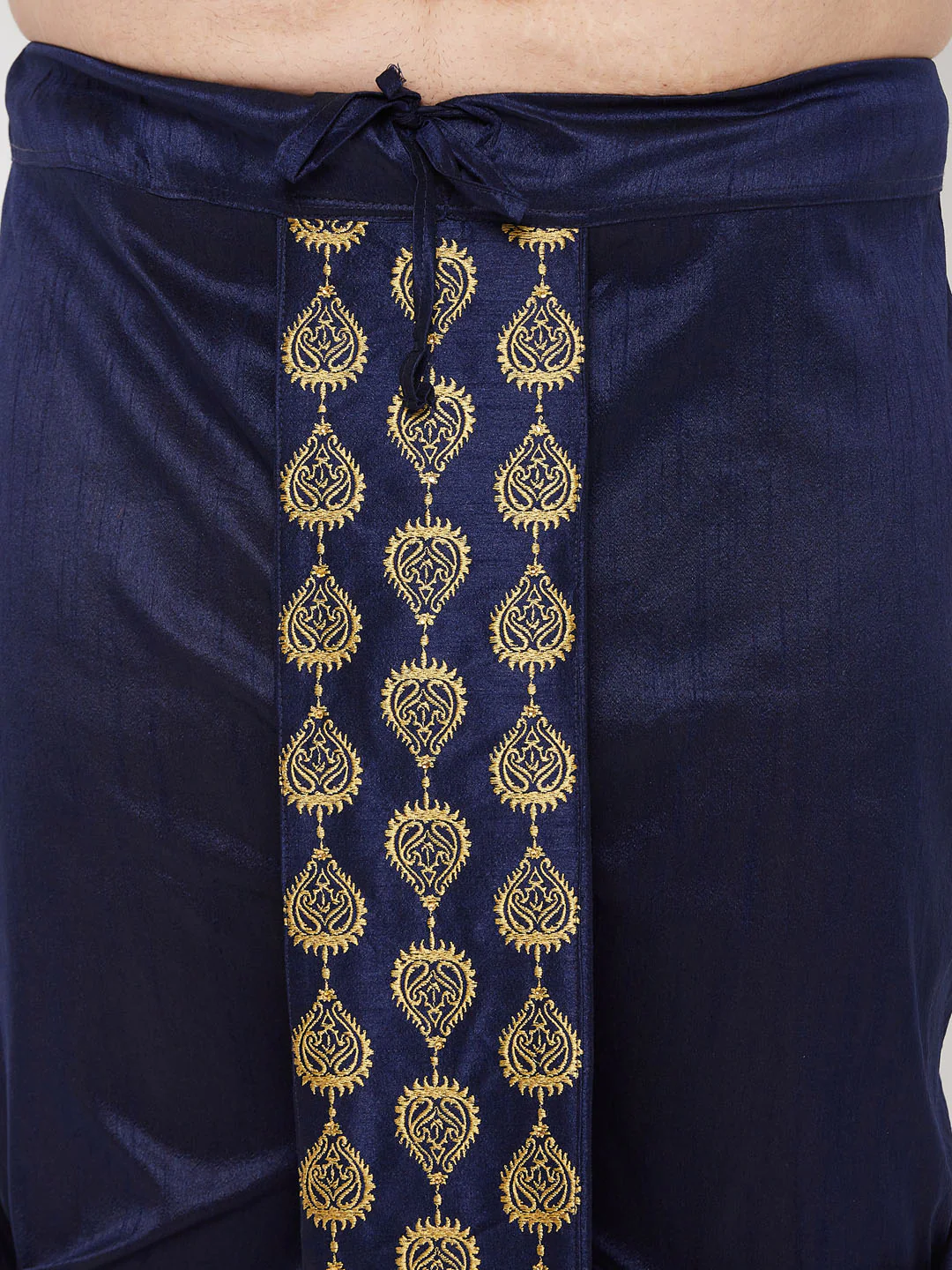 Men's Plus Size Gold Silk Blend Kurta And Navy Blue Dhoti Set - Image 5
