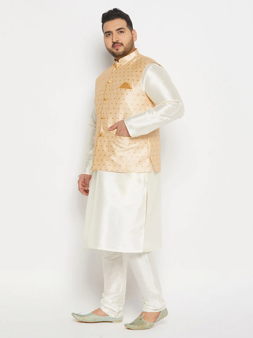 Plus Size Men's Gold Zari Weaved Kurta Pant Set - Image 2