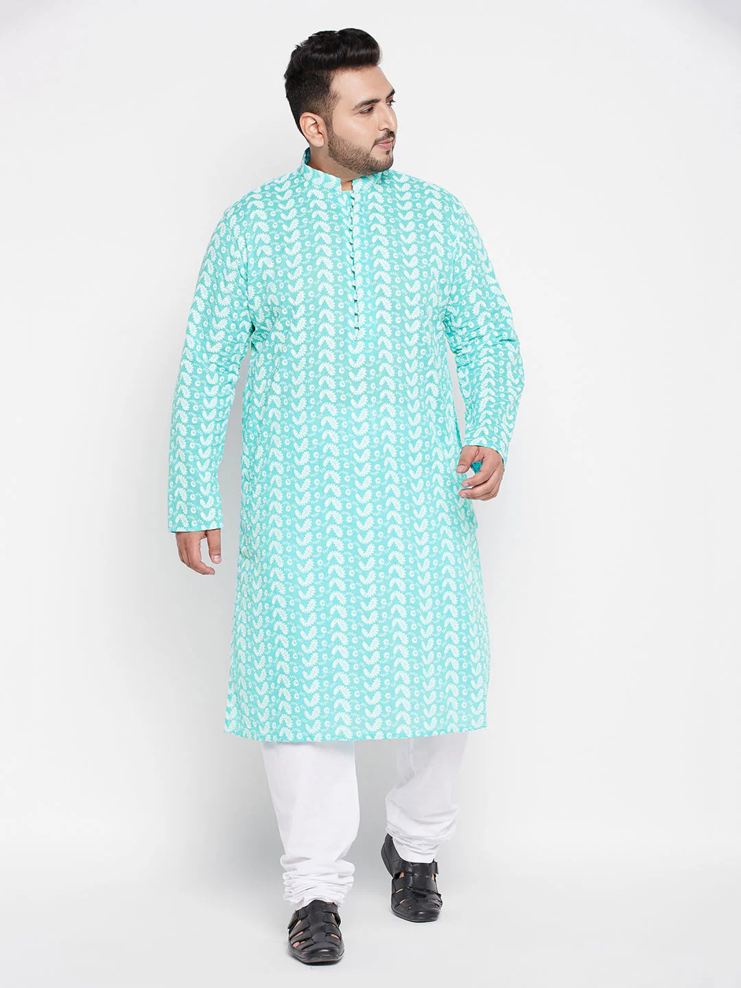 Men's Plus Size Green Chikankari Embroidered Kurta And White Pyjama Set - Image 6