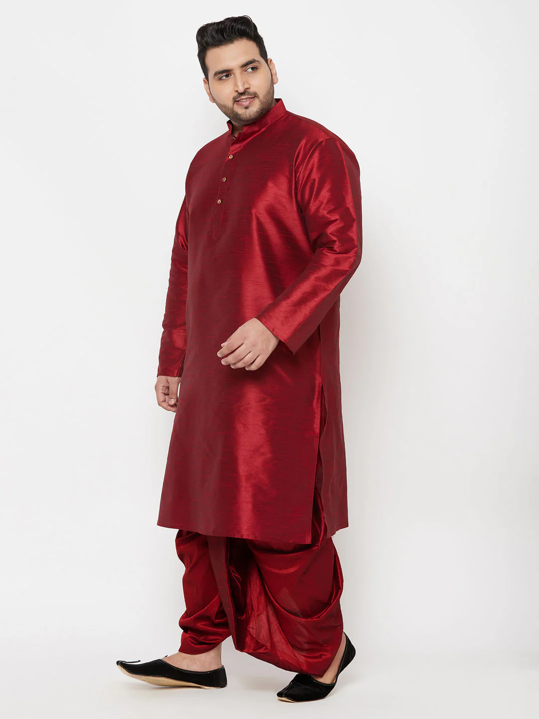 Men's Plus Size Maron Silk Blend Kurta And Maroon Solid Dhoti Set - Image 2