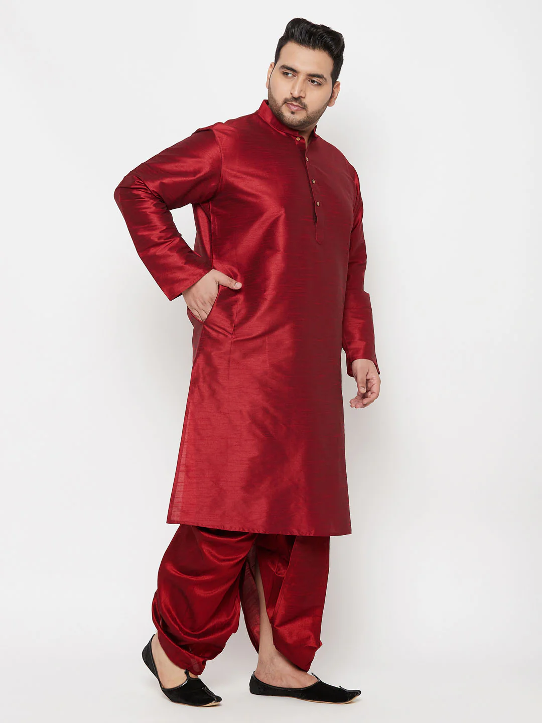 Men's Plus Size Maron Silk Blend Kurta And Maroon Solid Dhoti Set - Image 6