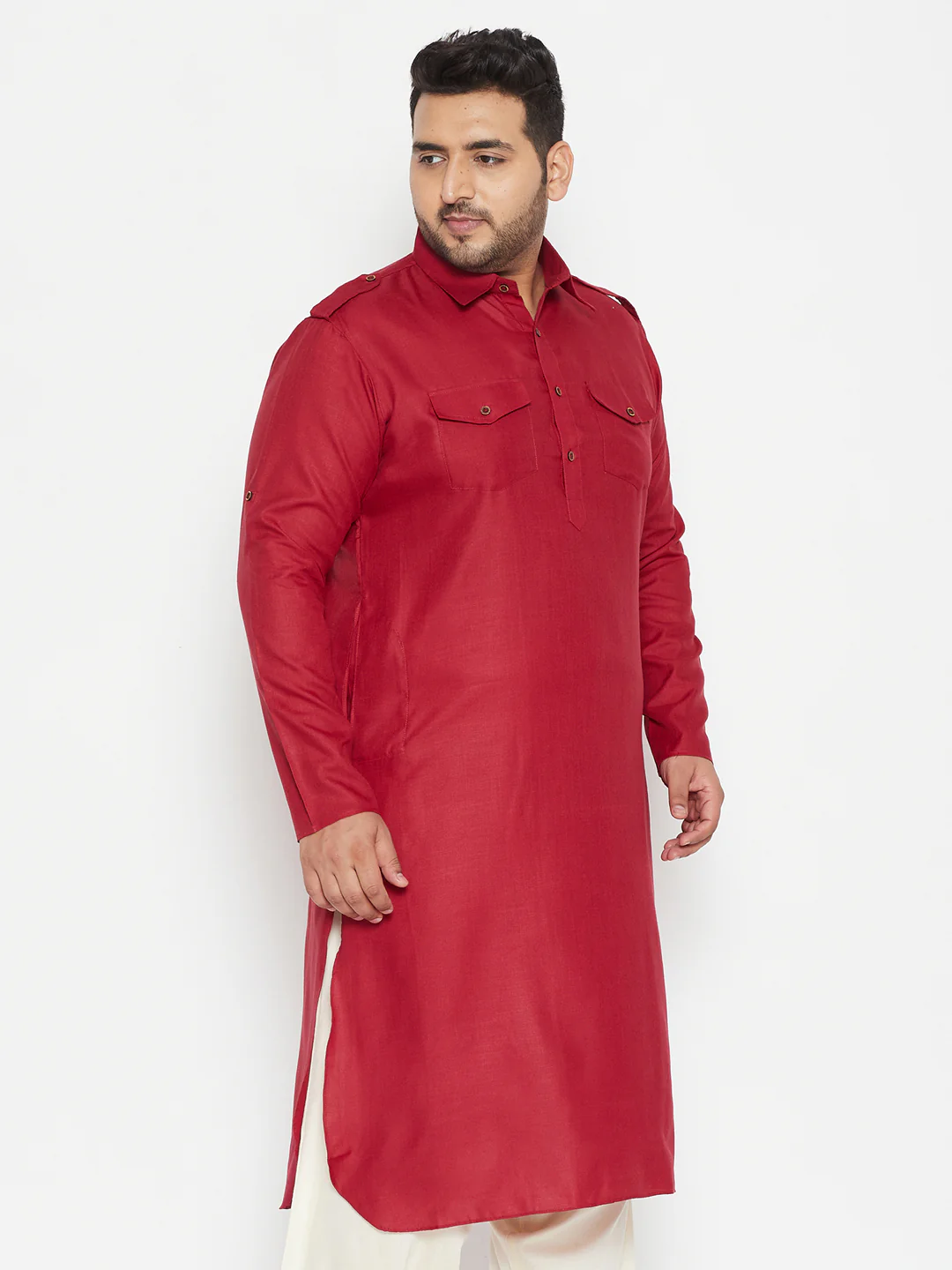 Men's Plus Size Maroon Cotton Blend Pathani Kurta - Image 2
