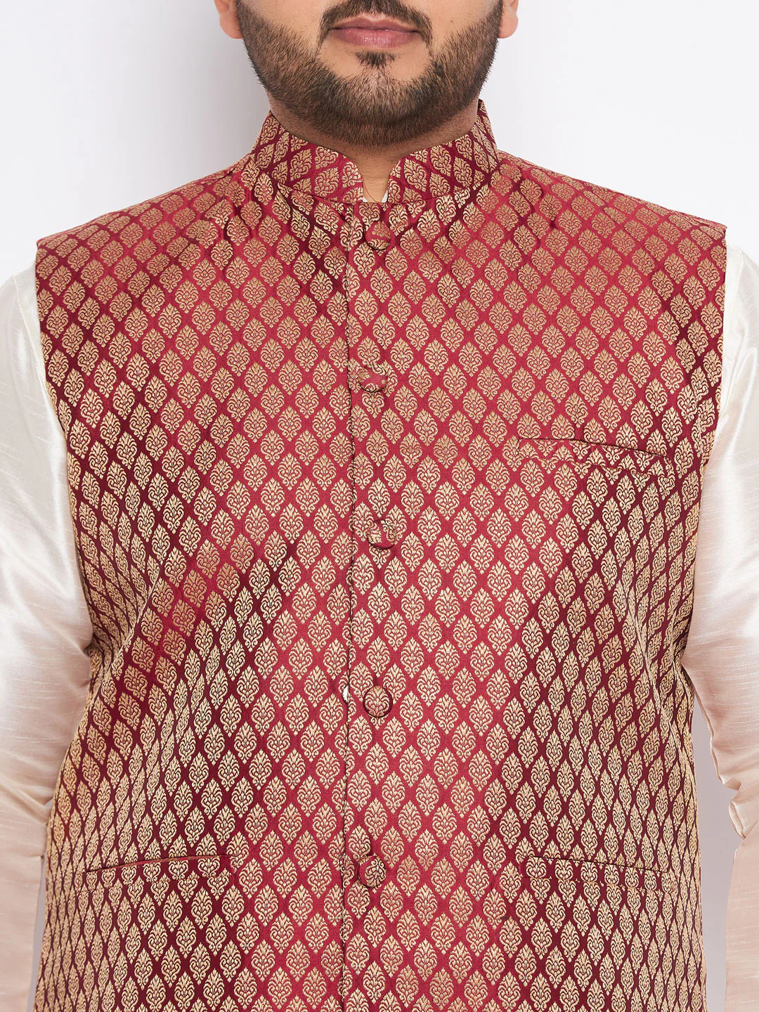 Men's Plus Size Maroon Silk Blend Jacket And Cream Kurta Pant Set - Image 4