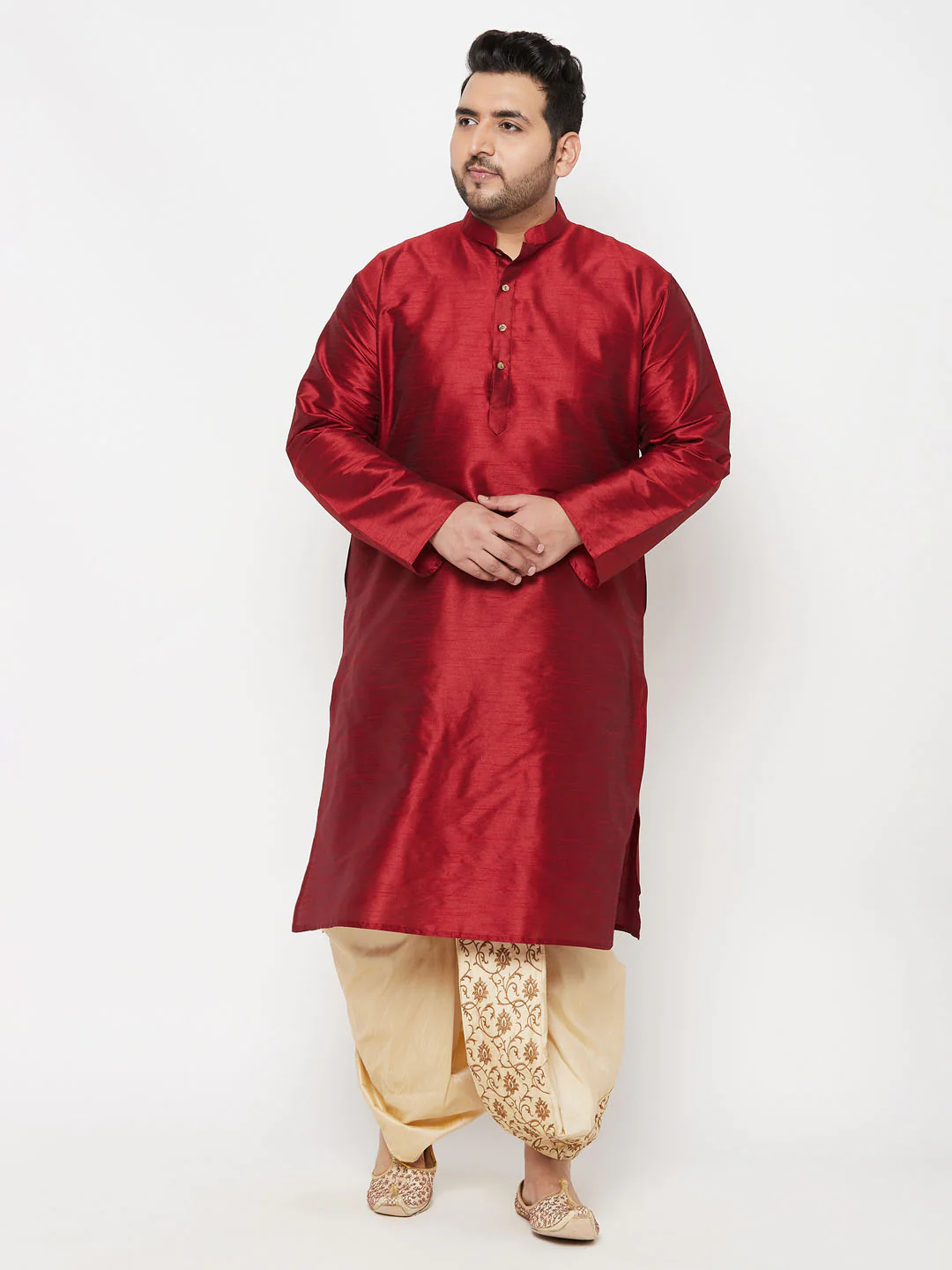 Men's Plus Size Maroon Silk Blend Kurta And Gold Dhoti Set - Image 7