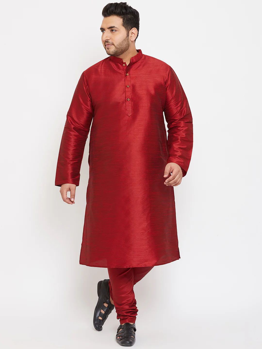 Men's Plus Size Maroon Silk Blend Kurta Pyjama Set - Image 6