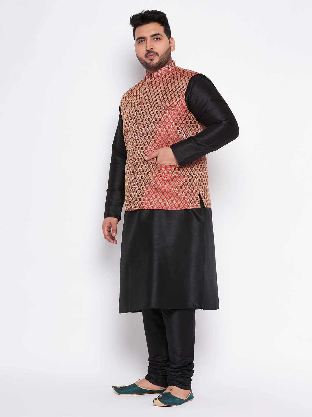 Men's Plus Size Maroon Woven Nehru Jacket With Black Kurta And Pyjama Set - Image 2