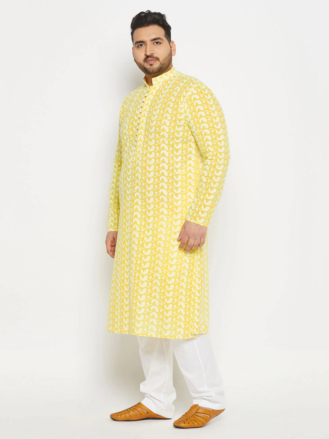 Men's Plus Size Mustard Chikankari Embroidered Kurta And White Cotton Pant Style Pyjama Set - Image 2