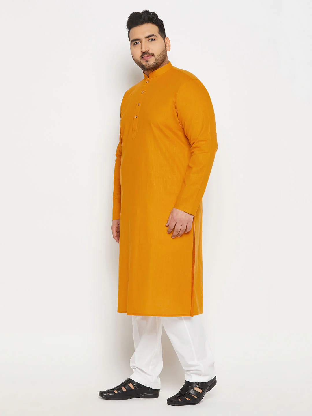 Men's Plus Size Mustard Cotton Kurta And Cotton Pant Style Pyjama Set - Image 6