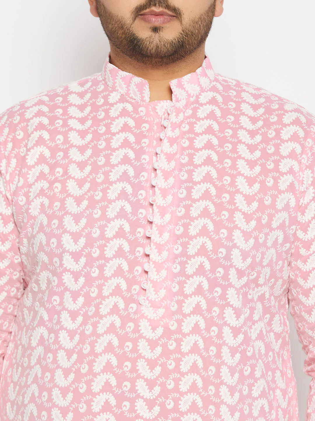 Men's Plus Size Pink Chikankari Embroidered Kurta And Cream Patiala Set - Image 4