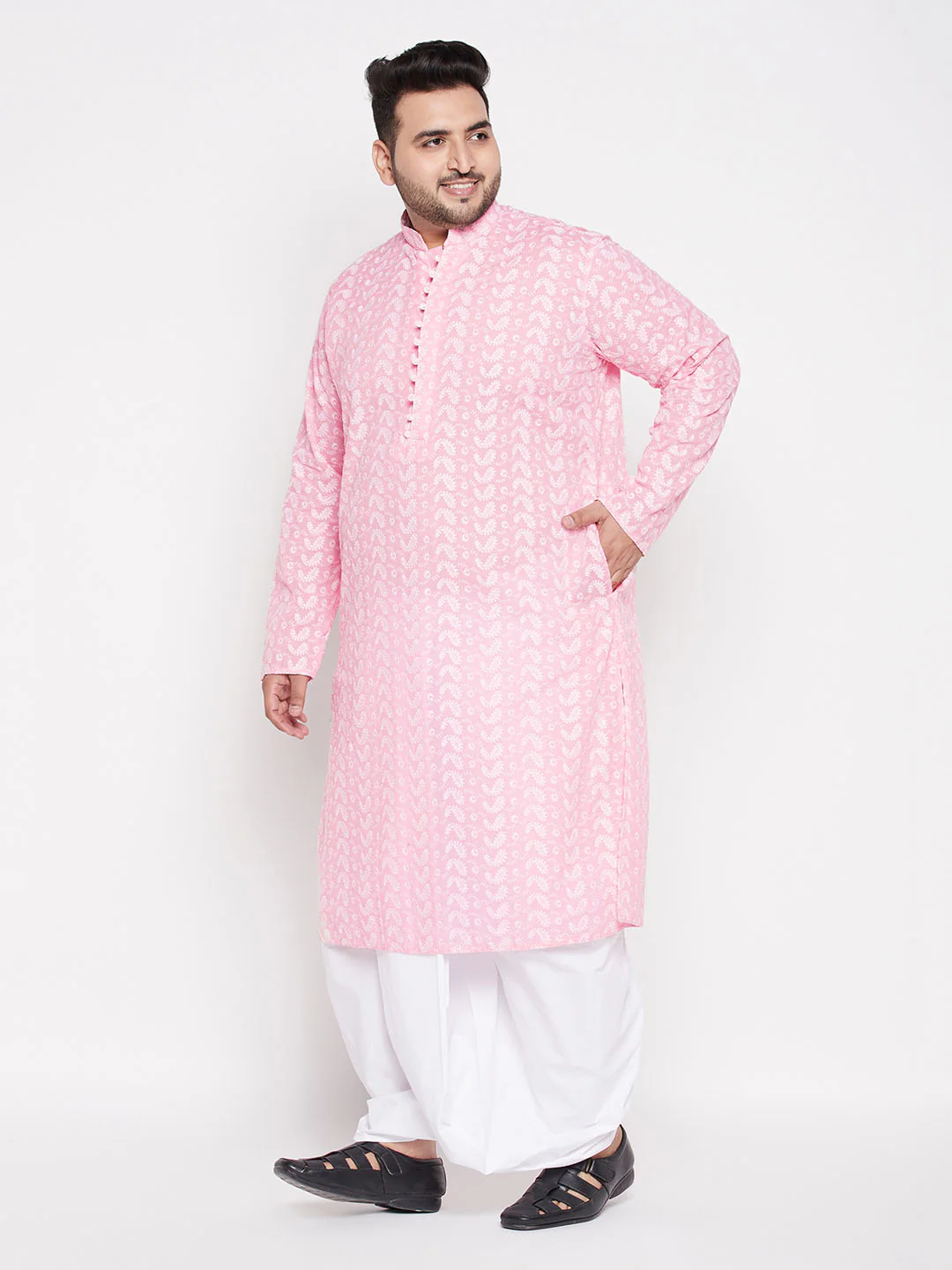 Men's Plus Size Pink Chikankari Embroidered Kurta And White Dhoti Set - Image 2