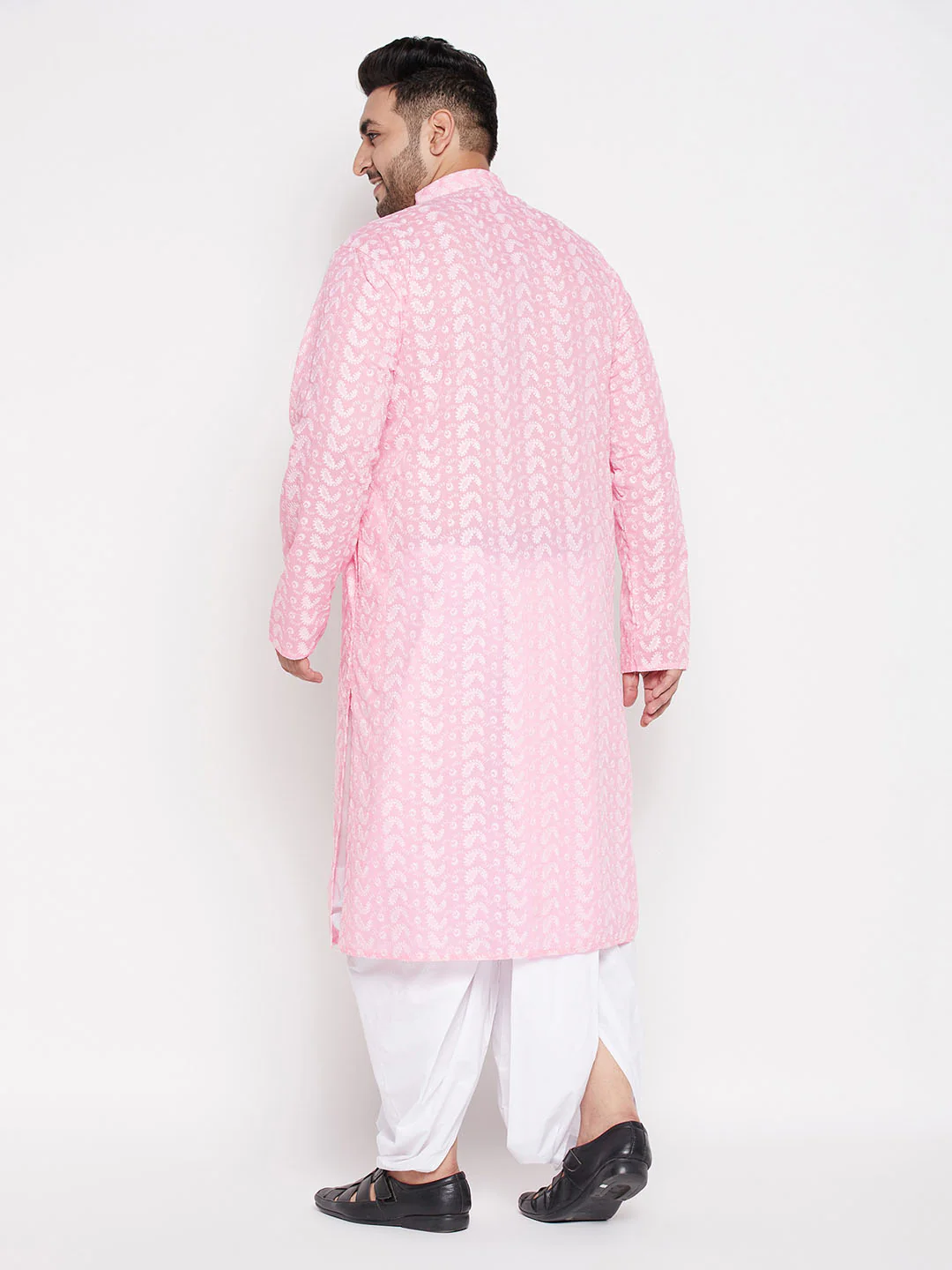 Men's Plus Size Pink Chikankari Embroidered Kurta And White Dhoti Set - Image 3